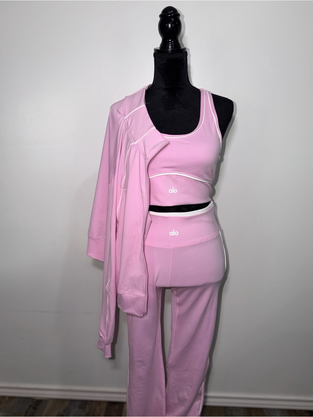 ALO Yoga Pink Crop Tank, High-Waist Leggings & Zip Hoodie Set
